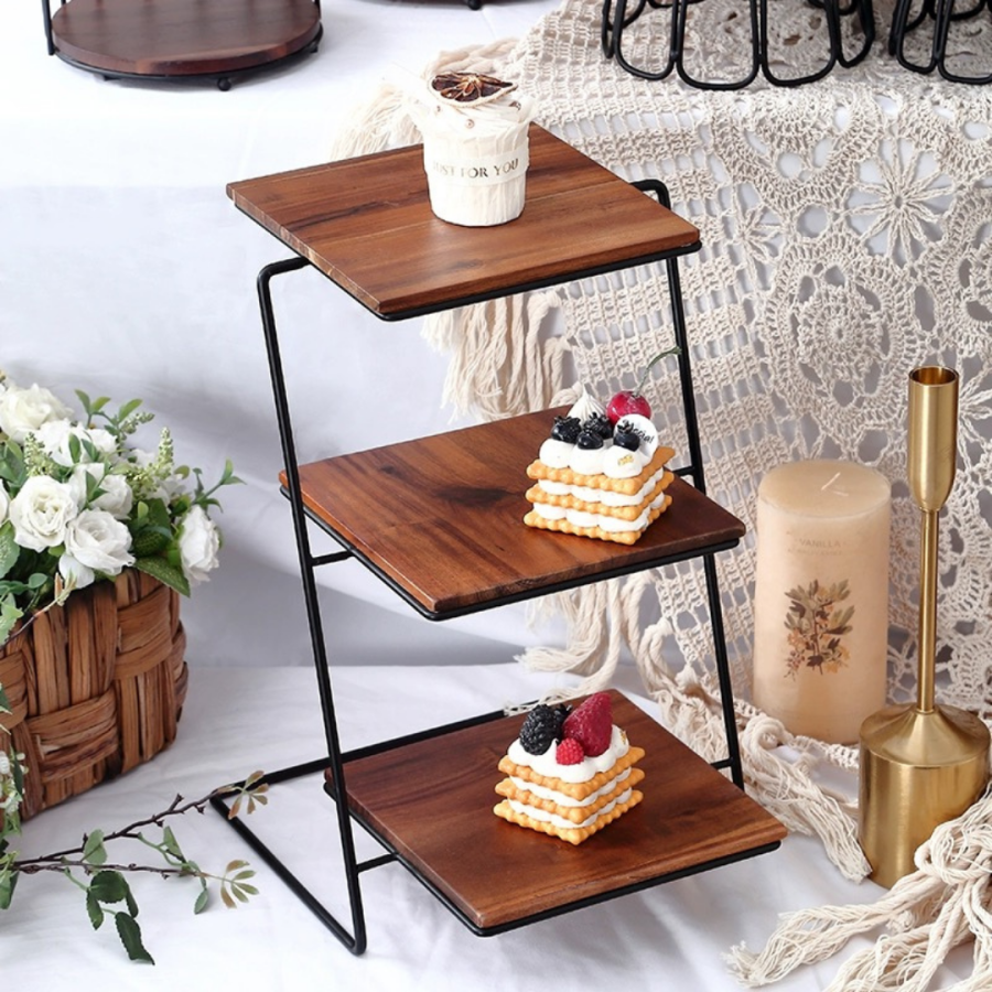 114 Dessert Tray Black Wood Three Layers Iron Frame