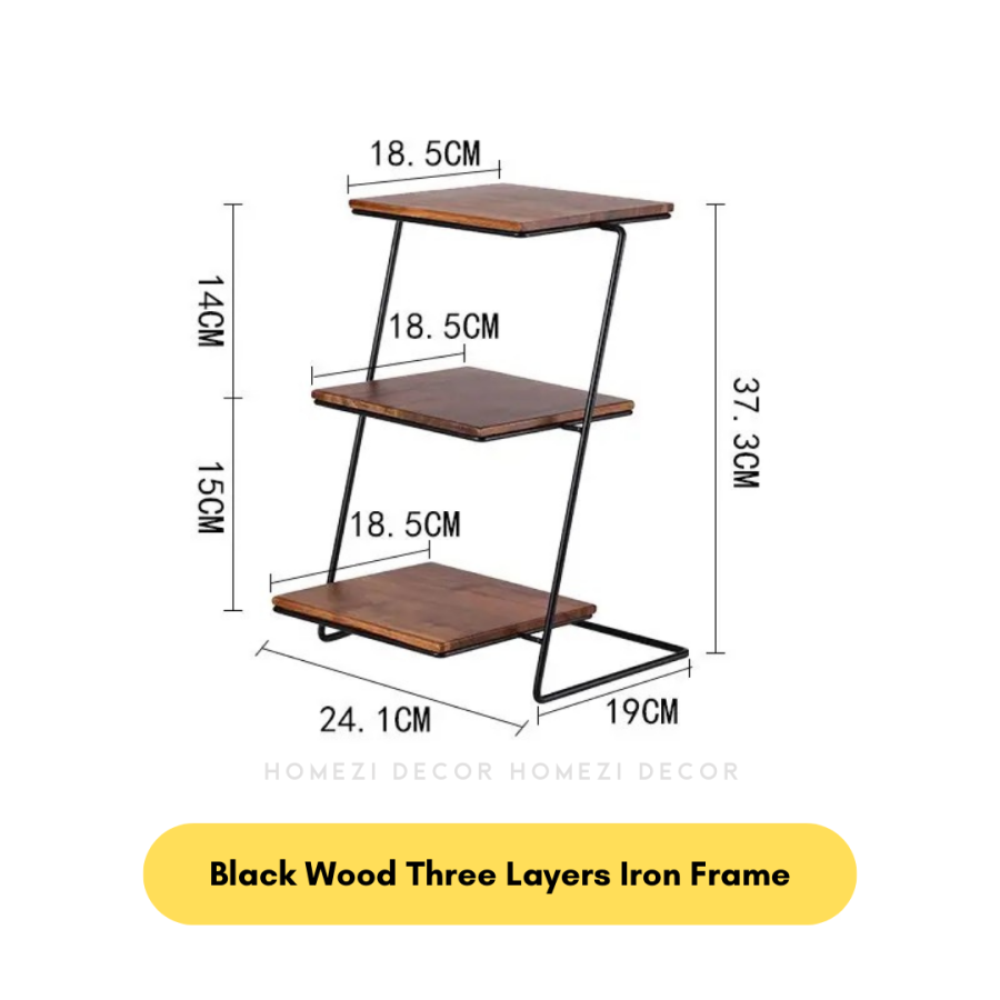 114 Dessert Tray Black Wood Three Layers Iron Frame